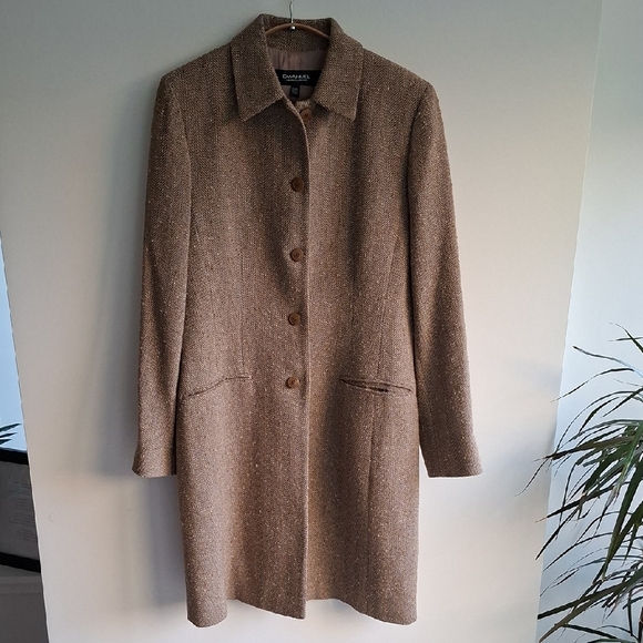 Emanuel Ungaro Jackets & Blazers - Emanuel Ungaro Vintage Tan Tweed/Wool Single-breasted Overcoat (Size 8; EU 42)